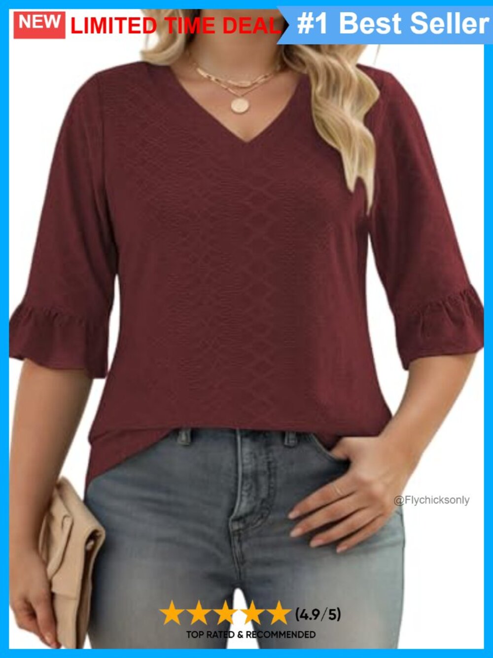 Plus Size V-Neck Ruffle Sleeve Eyelet Tunic Top Casual Blouse